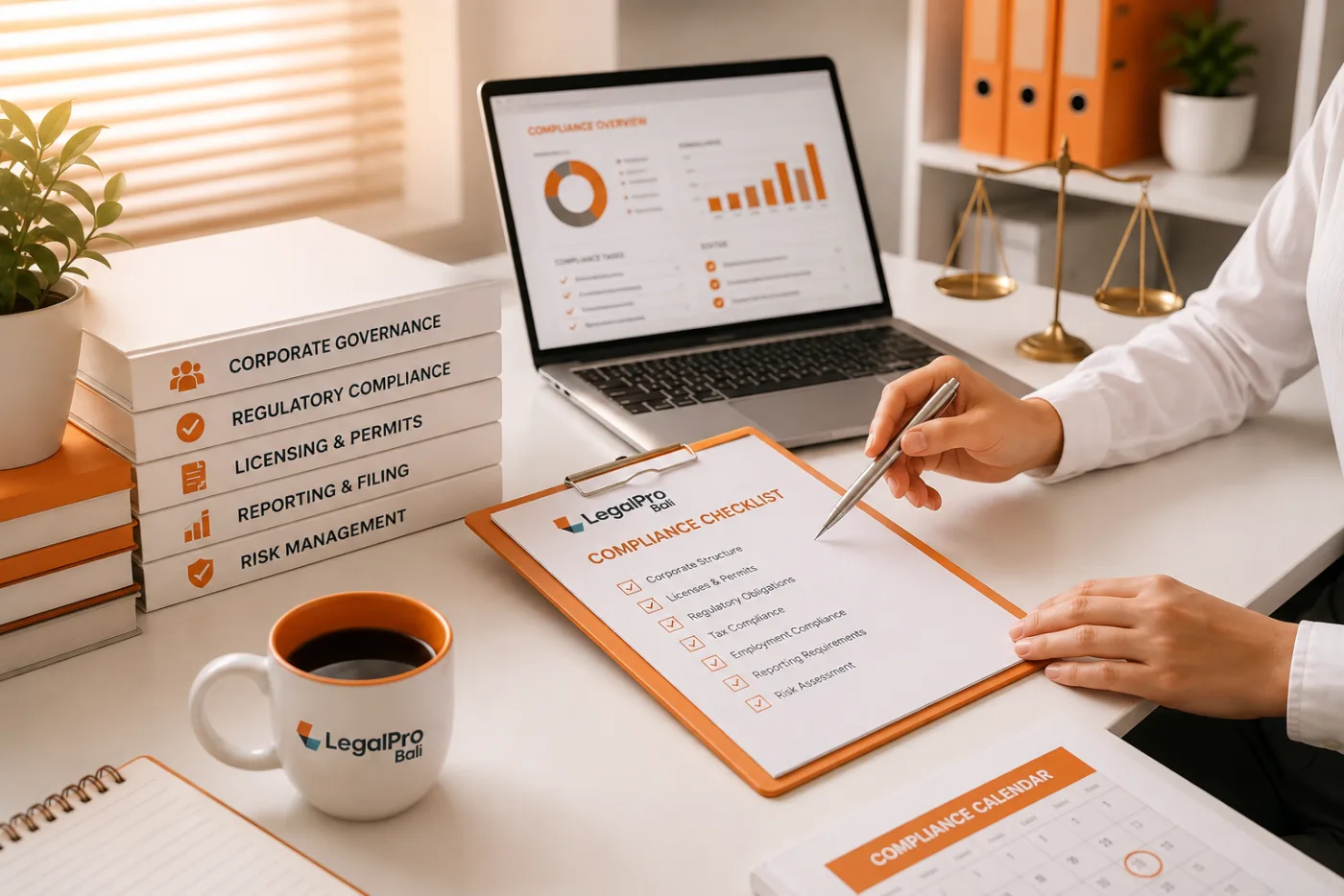 Consultant reviewing a LegalPro Bali compliance checklist beside a laptop showing a compliance overview dashboard