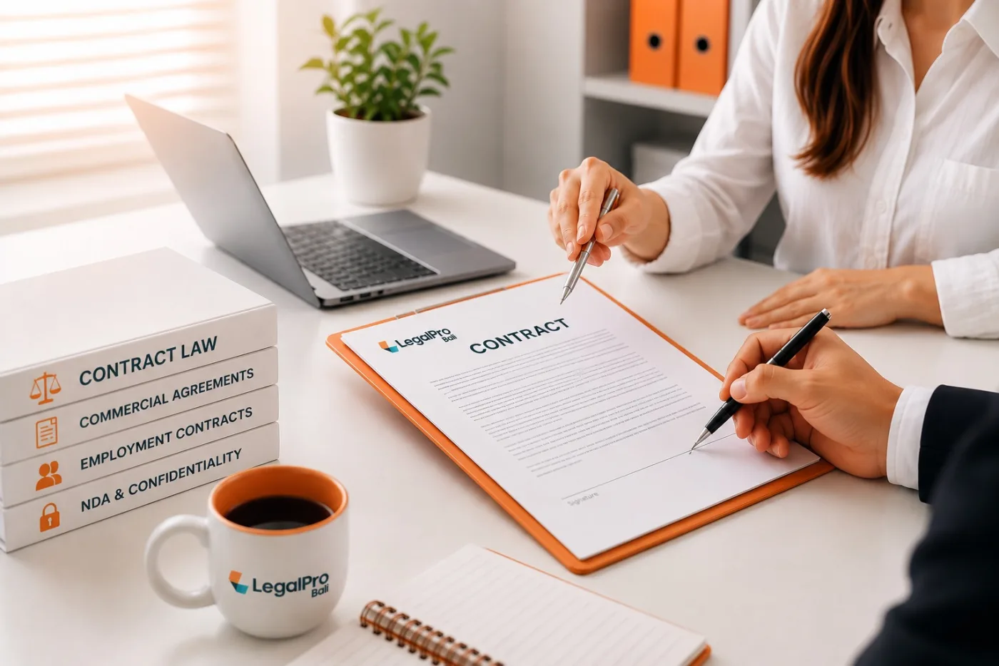 Two people signing a contract on a LegalPro Bali clipboard beside books on contract law and commercial agreements
