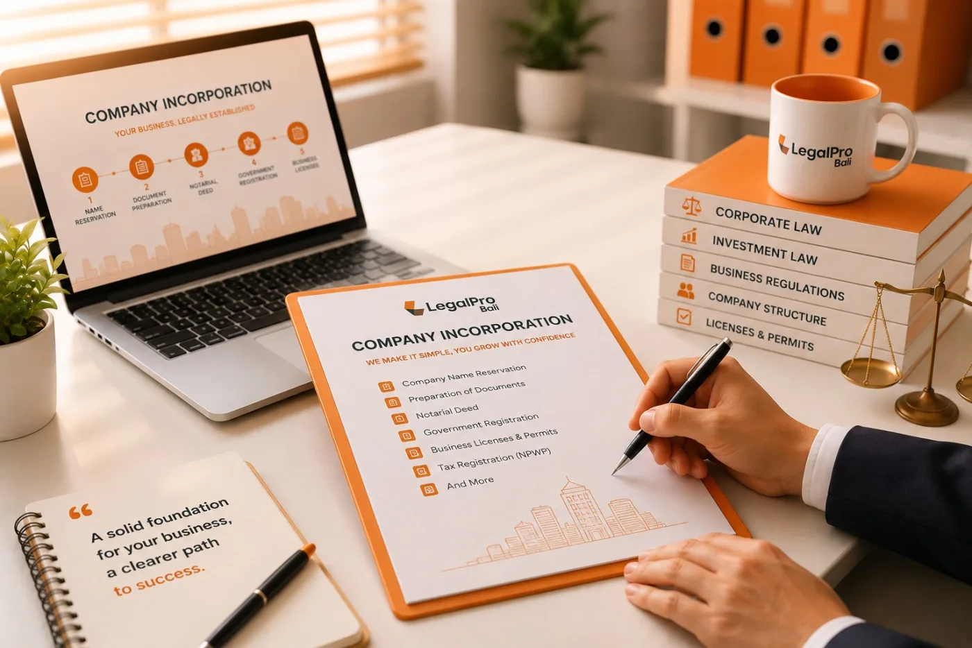 Company incorporation checklist on a LegalPro Bali clipboard beside a laptop showing the five-step registration process