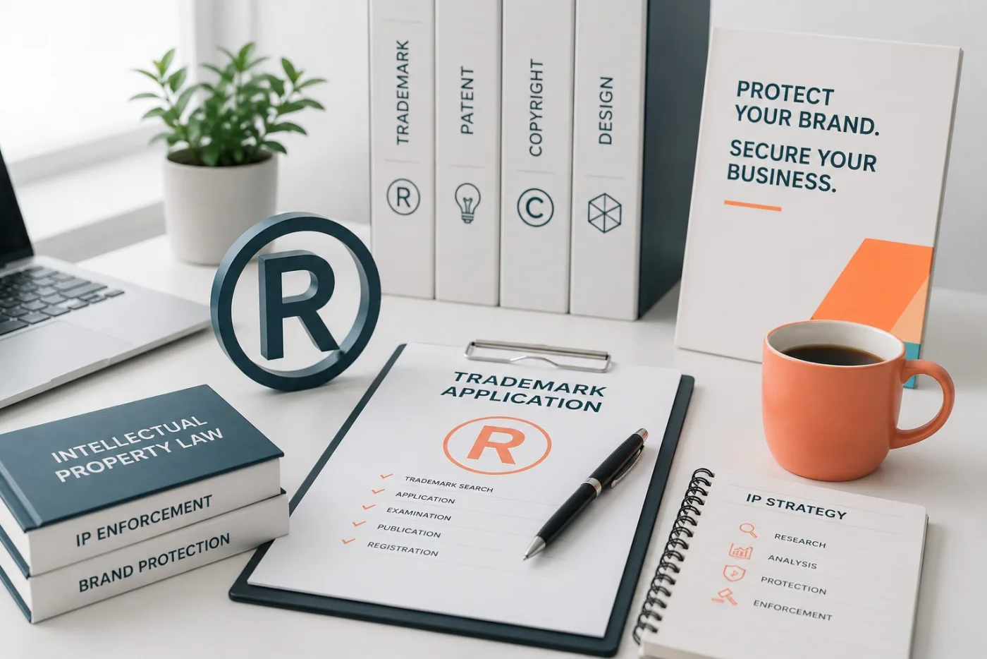 Trademark application on a clipboard beside a registered trademark symbol and books on intellectual property law