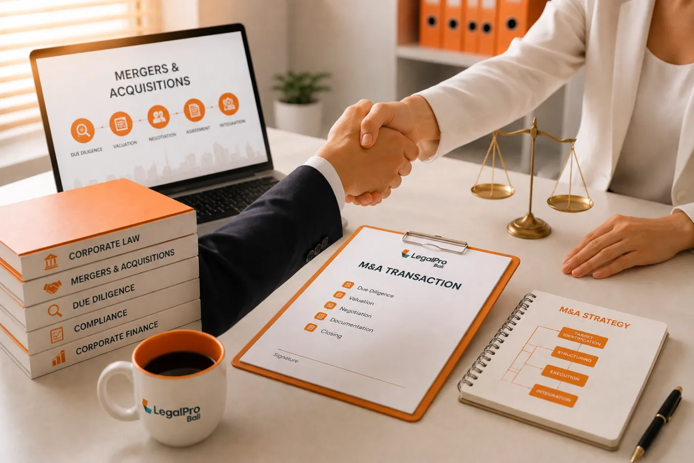 Two advisers shaking hands over a LegalPro Bali M&A transaction checklist beside scales of justice and books on corporate law